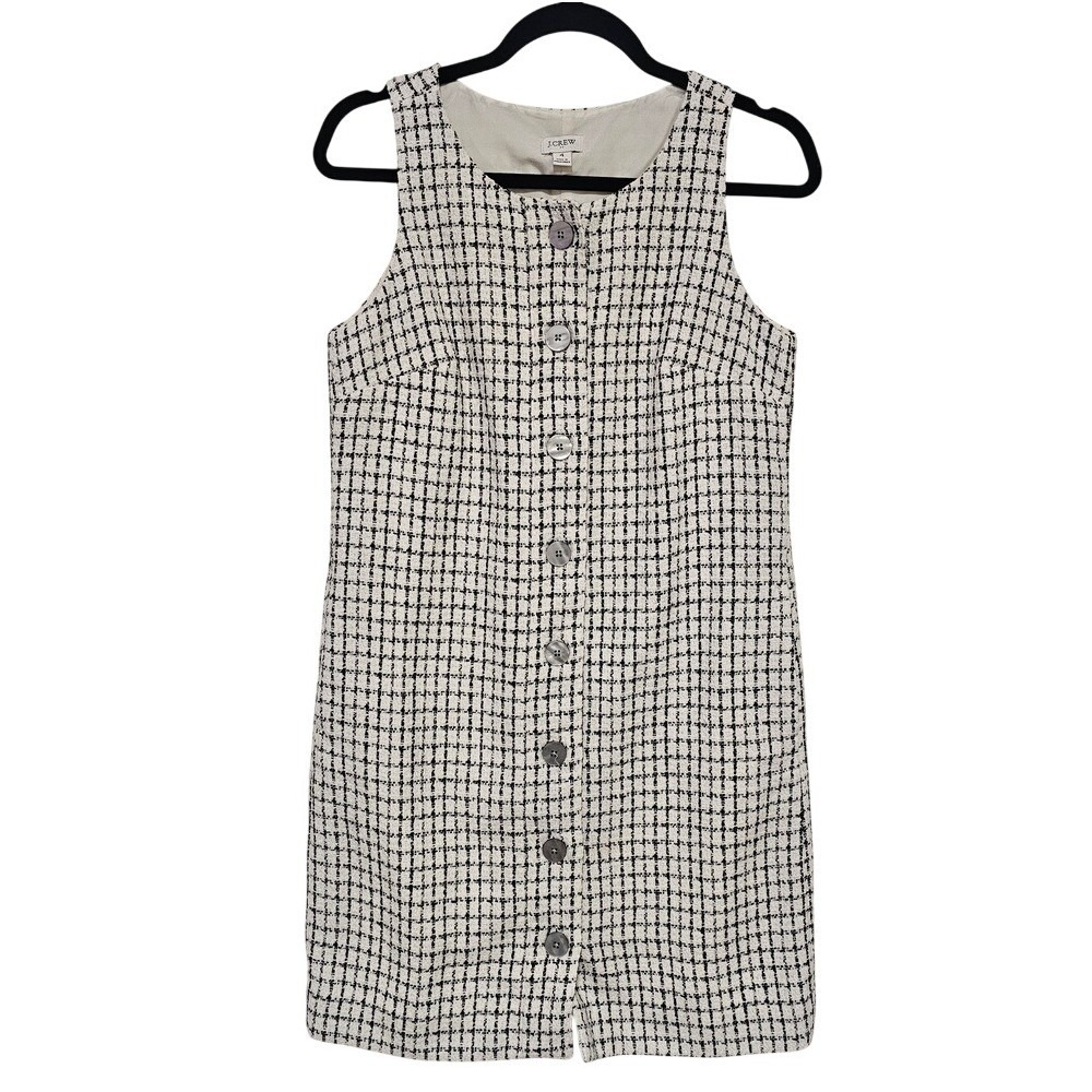 J Crew 4 Sleeveless Tweed Shift Dress Button‎ Front Black White Plaid Academia ~